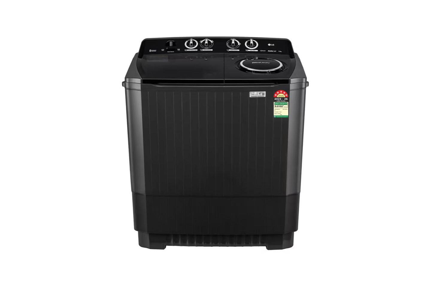 LG 11.5Kg Semi Automatic Washing Machine, Roller Jet Pulsator + Soak, Full Black, 5 Star (P115ASLAZ)