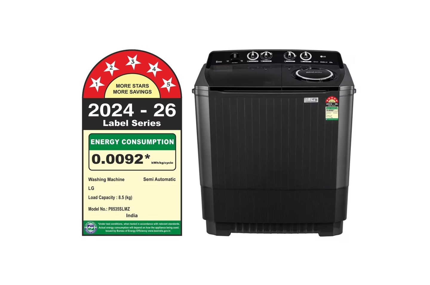 LG 8.5Kg Semi Automatic Top Load Washing Machine, Roller Jet Pulsator + Soak, Full Black,5 Star (P8535SLMZ)